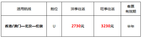 10-12月国航特价国际机票开售:香港或澳门飞伦敦低至2730元!